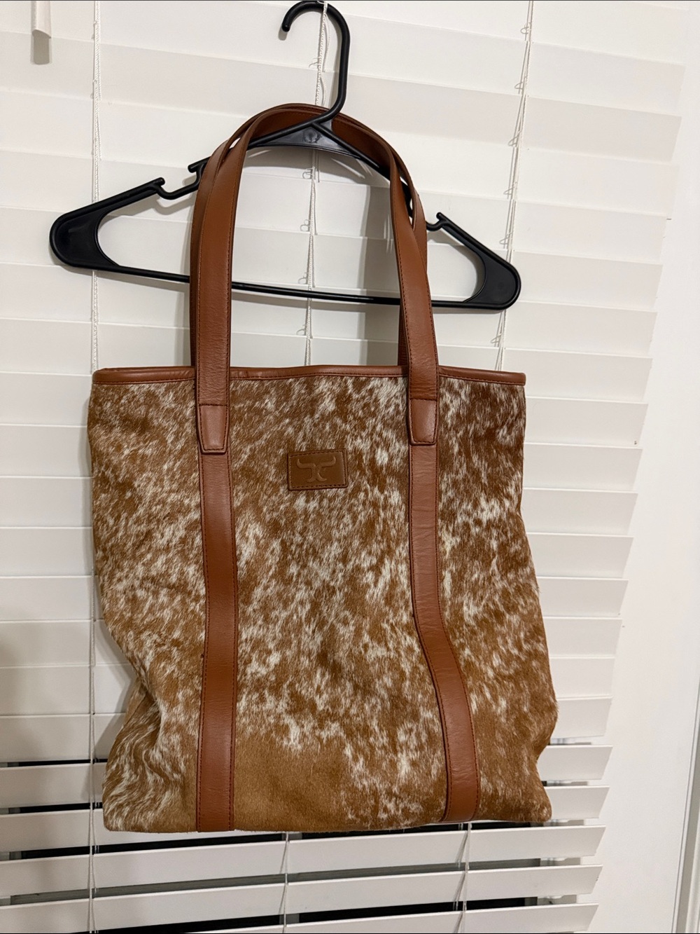 Brown Haircalf Tote Bag with Leather Trim